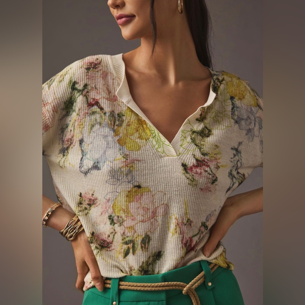 Anthropologie Floral wafffle knit spring shirt XXS fits like a small or xsmall